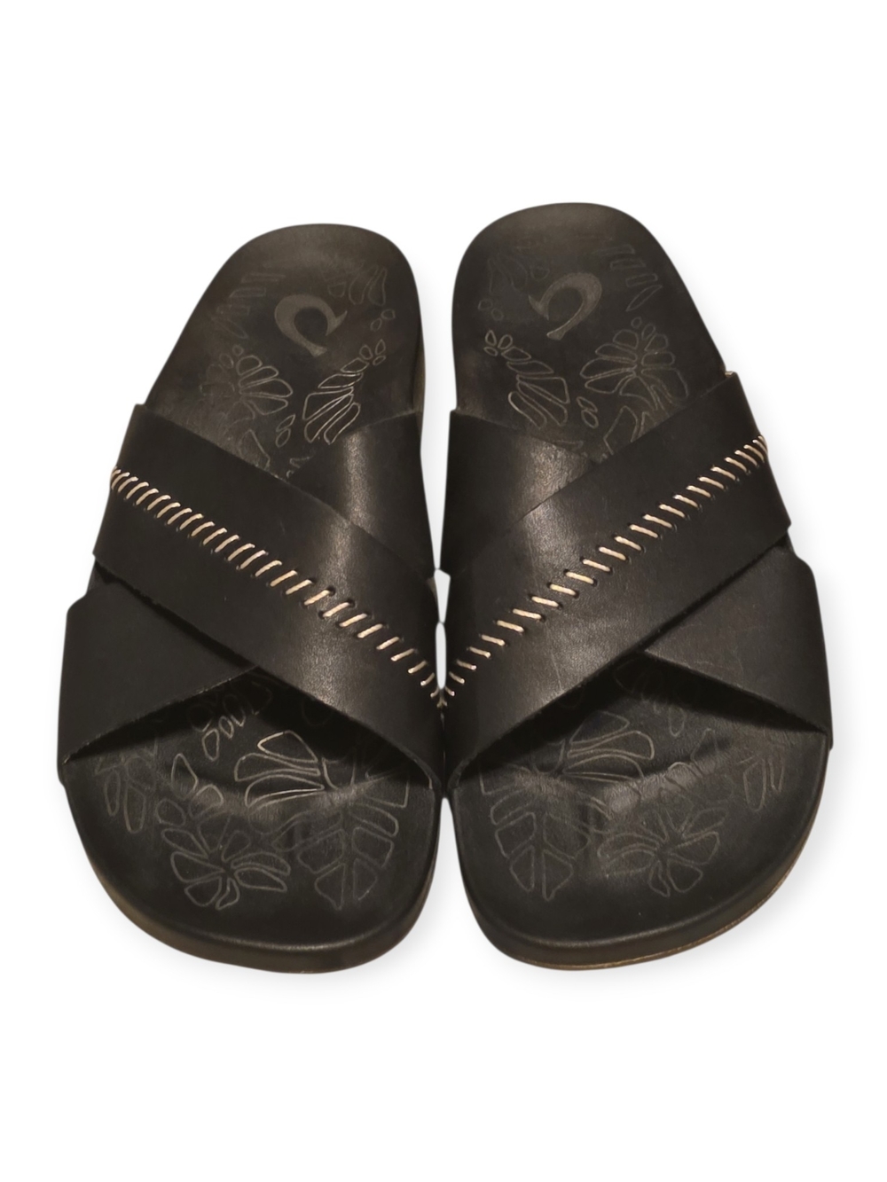 Women's Olukai Kipe'a' Olu black leather slip-on sandals, size 7